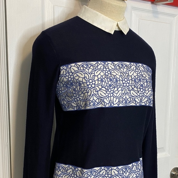 Tory Burch Navy Merino Peter Pan Collar Embroidered Sweater Office Petite S - Picture 4 of 16